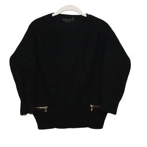 Alice + Olivia Black Wool Blend Knit Sweater with Zipper Detail